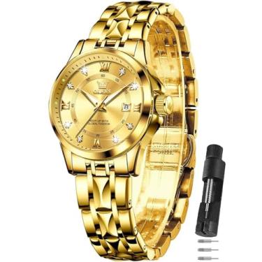 Imagem de OLEVS Relógio feminino de dois tons com vestido de data, relógios femininos para pulsos pequenos, luxuosos, relógios de leitura fácil para mulheres, à prova d'água, azul/preto/dourado/prata, relógio