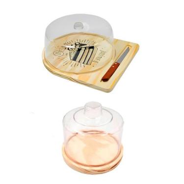 Imagem de KIT 2pçs Boleira com Faquinha e Queijeira de Madeira NATURAL com tampa