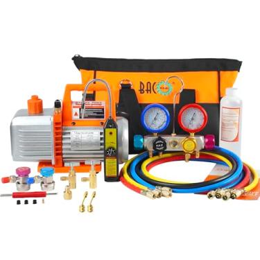 Imagem de BACOENG Conjunto de bomba de vácuo e medidor de 4,5 CFM, kit de bomba de vácuo HVAC de 4 vias com detector de vazamento para refrigerantes R134a R410a R22 Sistema Auto/Mini Split, com acopladores