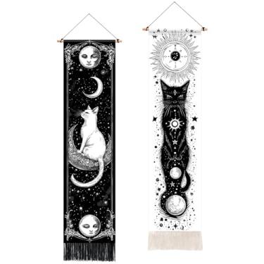 Imagem de BVBOX Pacote com 2 tapeçarias verticais lua e sol, tapeçaria longa estética de flor de paisagem para decoração de parede de sala de estar e quarto 33 cm L x 130 A (tipo 4, 33 cm Lx131 A, sem moldura)