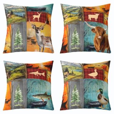 Imagem de Feelyou Capas de almofada vintage para caça de veados, 45,72 cm x 45,72 cm, conjunto de 4 capas macias para crianças, meninos, meninas, cabana, highland, vaca, decoração, fazenda, lúcio, peixe, alce