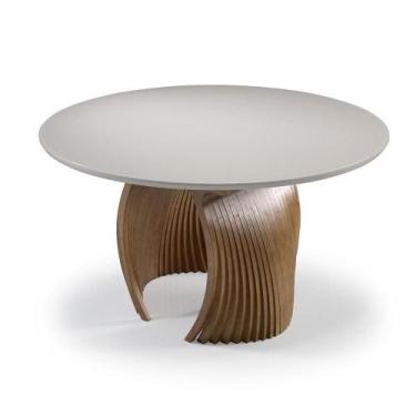 Imagem de Mesa Jantar Redonda Scar Vidro Off White Base Nogueira 140cm - 71015 -