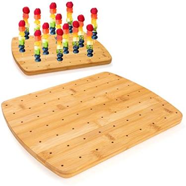 Imagem de Suporte para espetos de comida Bambu, espetinho de frutas para coquetéis - perfeito para festas de suprimentos de restauração, suporte de exibição de aperitivos para entreter e servir - placa curvada com 63 furos