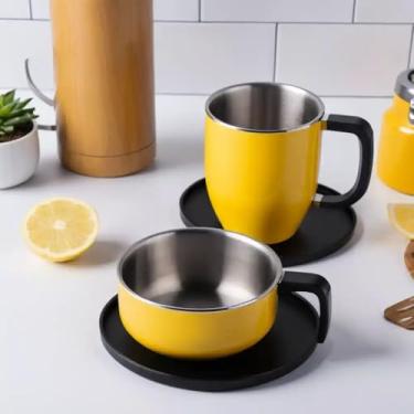 Imagem de Caneca Térmica Parede Dupla em Aço Inox Amarela 650ml com Base Antiderrapante - Estilo Premium