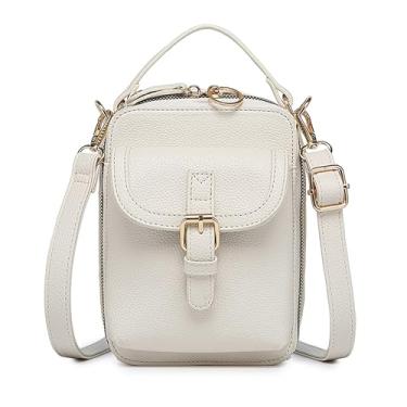 Imagem de GISMTR Bolsa tiracolo de couro feminina, bolsa carteiro vintage, bolsas de ombro antirroubo de grande capacidade com 10 compartimentos para cartão, Branco, Vintage