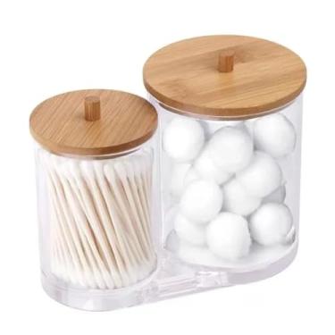 Imagem de Porta Algodão E Cotonete Duplo Suporte Acrílico C/ Tampa Bambu Caixa Organizador Cosméticos Dispenser Bola E Discos Algodão Pote Armazenamento Transparente Maquiagem Kit Banheiro Redondo.
