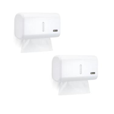 Imagem de Kit 2 Toalheiro Compacto Dispenser Papel Toalha Interfolhado ABS Alta Resistência Visor Transparente Abertura Chave Econômico Moderno Lavabos Banheiros Clínicas Escritórios (Branco)