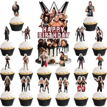 Imagem de 37pcs Wrestling cake decoration set include 1pc big cake topper 36pcs cupcake toppers for Wrestling Theme birthday party decor