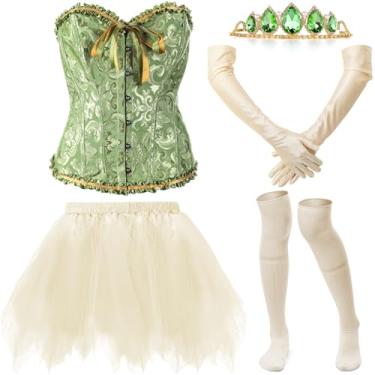 Imagem de Shyyween Halloween Adult Green Princess Costume Set Include Corset Tiara Puffy Mini Skirt Long Satin Gloves Knee High Socks (Small)