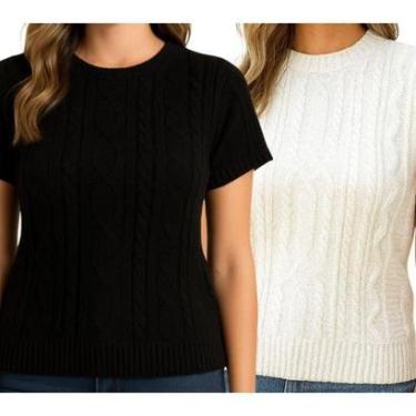 Imagem de Blusa FMF Feminina Tricô Manga Curta Canelada Trama Trançada-Feminino