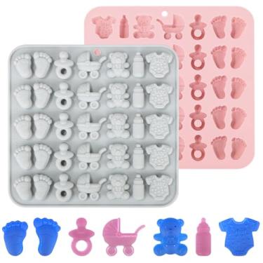 Imagem de 2 moldes de chocolate para chá de bebê, mamadeira fofa de silicone, chupeta, carrinho de bebê e formas de urso para decorações de bolo, cupcake e goma (cinza, rosa)