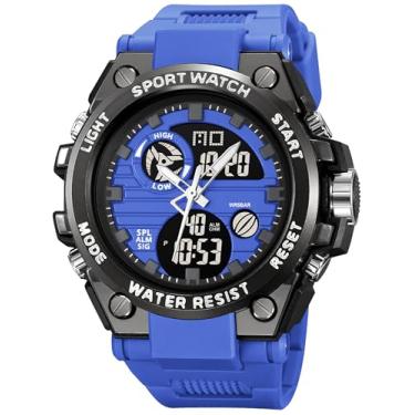 Imagem de Relógio digital masculino militar para homens, relógio tático à prova d'água, mostrador grande, analógico, eletrônico, esportivo, ao ar livre, multifuncional, resistente, Azul, Casual