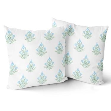 Imagem de Giwawa Capas de almofada floral azul bebê 50 x 50 cm conjunto de 2 fronhas decorativas com estampa de folhas de flores verdes azuis para pátio costeiro decoração de casa de fazenda para sofá-cama
