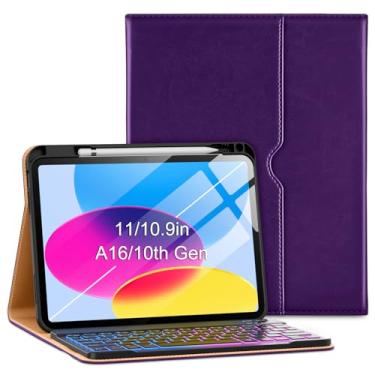 Imagem de VIKESI Capa com teclado para iPad (A16,2025) 11ª geração/iPad 10ª geração (10,9 polegadas 2022), capa inteligente de couro premium, luz de respiração integrada, fileira de funções, suporte de lápis
