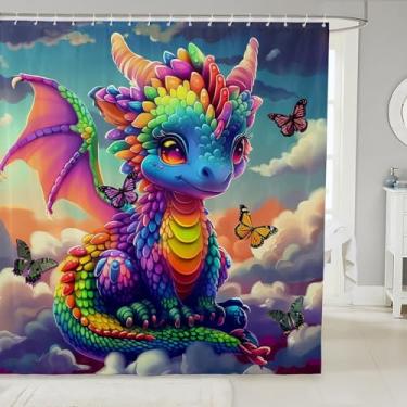Imagem de Cortina de chuveiro com dragão colorido fantasia animal ocidental cortina de banheiro borboleta selvagem porta celeiro cortina impermeável para decoração de quarto de crianças, céu ensolarado, nuvens