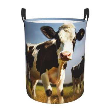 Imagem de Bonito cesto de roupa suja de vaca dobrável à prova d'água cesto de armazenamento de roupas com alças pano oxford organizador de brinquedos cesta para banheiro, lavanderia, quarto, médio