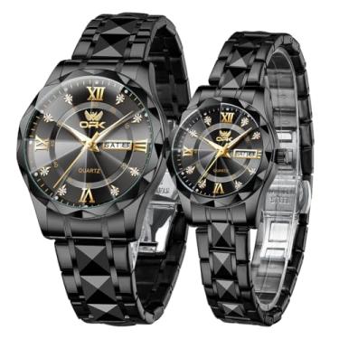 Imagem de OPK Conjunto de relógios de casal para ele e ela, romântico, presente de dia, data, aço inoxidável, luminoso, à prova d'água, preto, prata, dourado, um par de 2 relógios de pulso combinando, GL6023