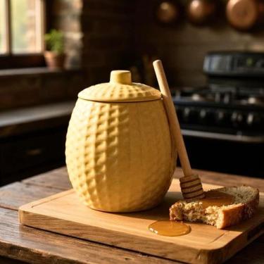 Imagem de Meleira Porcelana Com Tampa Pegador Bege Abelha 420ml Mel - Hauskraft