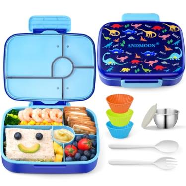 Imagem de ANDMOON Lancheira Bento para crianças à prova de vazamento, lancheira Bento com 5 compartimentos, recipientes de almoço com 3 copos de silicone para assar, pode ir ao micro-ondas/lava-louças (1,219 g