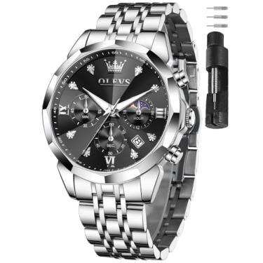 Imagem de OLEVS Relógios masculinos de aço inoxidável com cronógrafo, mostrador grande, à prova d'água, luxuoso, moderno, azul/preto/dourado/verde/prata Relojes para Hombres, Mostrador preto com pulseira prata