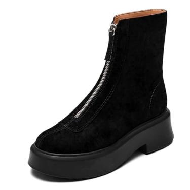 Imagem de ZJGZF Botas de cano curto femininas confortáveis Chelsea Block Heel com zíper casual elegante combate mini botas de neve, Camurça preta, 41