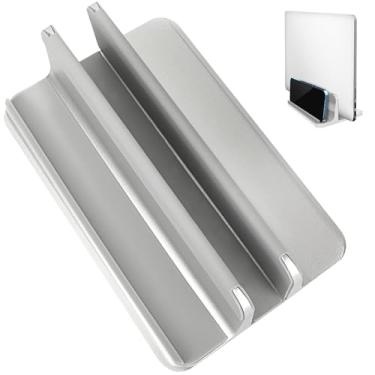Imagem de Suporte Vertical para Laptop, Suporte de mesa de alumínio com 2 slots para laptop e suporte para telefone, Tablet, Telefone-Ajuste Universa，Pesado, Anti Deslizamento