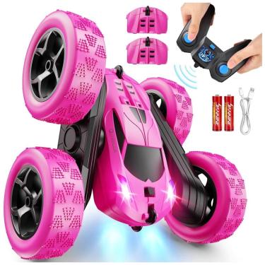 Imagem de Carrinho de Controle Remoto Rosa para Meninas, Carro de Acrobacias RC Dupla Face 360 com Faróis, Brinquedo para Aniversário de 6 a 12