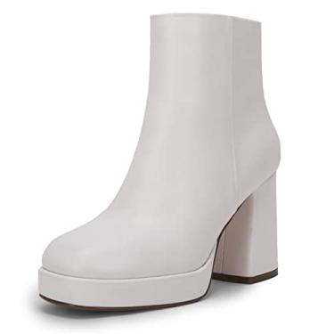 Imagem de Rilista Botas femininas plataforma de salto alto grosso, cano baixo, bico quadrado, zíper lateral, punk, Branco, 40