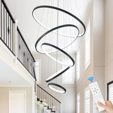 Imagem de Sparklelf Lustre de LED moderno de 5 anéis, regulável, preto, para foyer, iluminação pendente grande contemporânea LED com controle remoto circular para escadas de sala de estar, 3000K-6500K