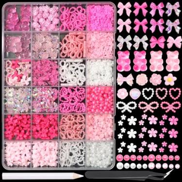 Imagem de BELICEY Amuletos de unhas rosa, amuletos de arte de unhas de coração com arco 3D, mistura de laços, flores de acrílico, pingentes de urso, pérolas para unhas, lindos pingentes rosa para arte de unhas