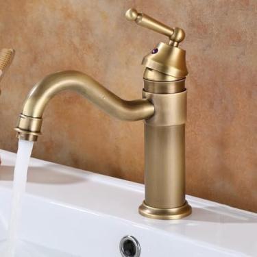 Imagem de E Torneira Misturadora De Bacia Torneira Misturadora De Alça única Água Quente Fria 360 ° Bico Giratório Torneiras Misturadoras De Pia De Banheiro 1 Furo, Antique, Short