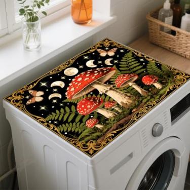 Imagem de GLOBLELAND Tapete retrô de cogumelos florestais para lavadora de roupas e secadora, capa contra poeira, 59,9 x 49,8 cm, fases da lua, máquina de lavar, protetor superior, borboleta, antiderrapante