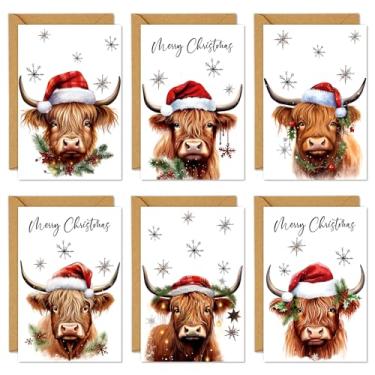Imagem de Whaline Pacote com 36 cartões de Natal Floco de Neve Vaca Highland Cartões com Envelopes Adesivos Cola Stick Natal Inverno Cartão de Notas em Branco para Convites de Festa de Férias, 10 x 15 cm