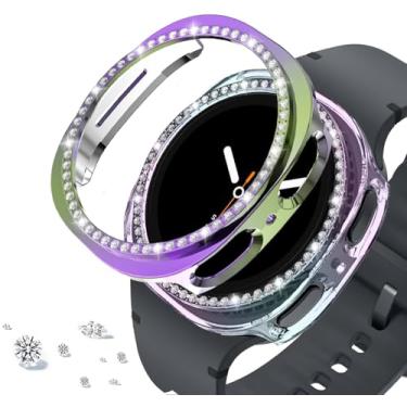 Imagem de DEALELE [Pacote com 2 capas compatíveis com Samsung Galaxy Watch 8 de 44 mm, capa protetora de PC de diamante de linha única brilhante para reposição (44 mm, arco-íris + arco-íris claro)