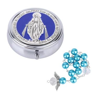 Imagem de Meu Primeiro Rosário para Presentes de Batismo, Caixa de Lembrança Batismo Durável e Pulseira Rosários com Asas Anjo Contas Primeira Comunhão Católica para Chá Bebê (Azul)