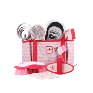 Imagem de Furrishine 9 peças kit de cuidados para cavalos, pente de curry, raspador de suor, utensílios de banho para cavalos, ferramentas de cuidados com bolsa de armazenamento, granada rosa