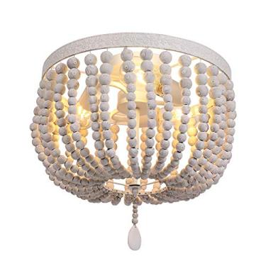 Imagem de FIRVRE Lustre de contas de madeira natural cinza branco boêmio vintage rústico boho luz de teto casa de fazenda E27 luz pendente para sala de jantar quarto corredor escadaria cozinha ilha entrada