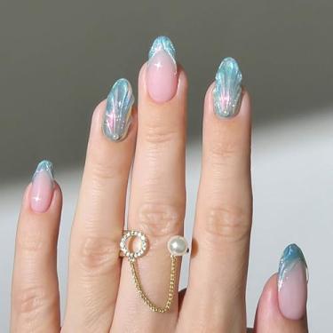 Imagem de RUOKEXIN Unhas postiças de ponta francesa, pregos postiços azuis e verdes com design de pérola 3D, unhas artificiais brilhantes, cola média nas unhas, prensas, bastões fofos para mulheres, 24 peças