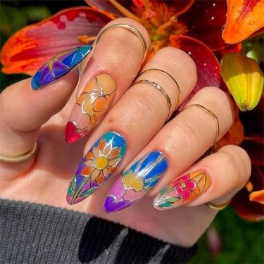 Imagem de RTKHFZE Unhas coloridas de amêndoa de comprimento médio, design geométrico e floral para unhas de acrílico falso, unhas de cobertura completa outono/inverno para mulheres/formatura/festa/feriado (nude