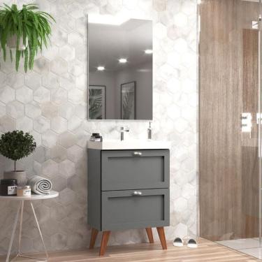 Imagem de Gabinete Para Banheiro Com Cuba E Espelho 60cm Retro Mdf Grafite Milano - On Móveis