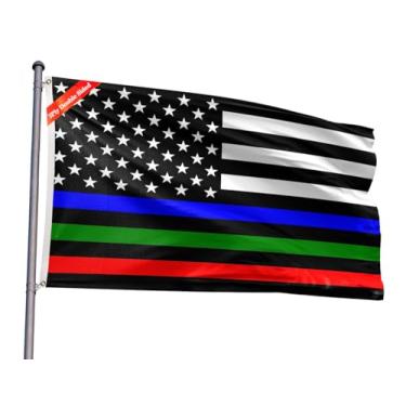 Imagem de Dupla face fina azul vermelha verde linha bandeira 6 x 8 m polícia militar bombeiro exército bombeiro EUA bandeira listrada resistente ao desbotamento cores vivas poliéster com 2 ilhós de latão para