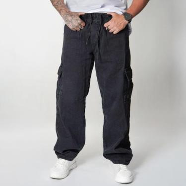 Imagem de Calça Cargo Larga Masculina com 5 Bolsos Corte Reto - Prime Star, Jean