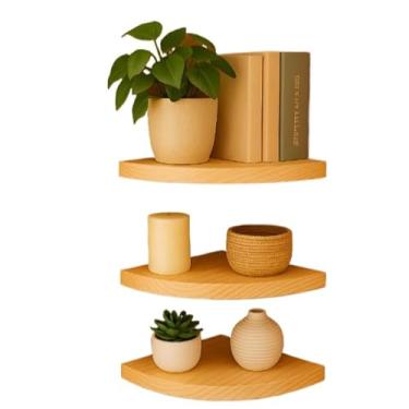 Imagem de Kit Prateleiras de Canto em Madeira Pinus Natural – Suporte de Parede Decorativo Rústico