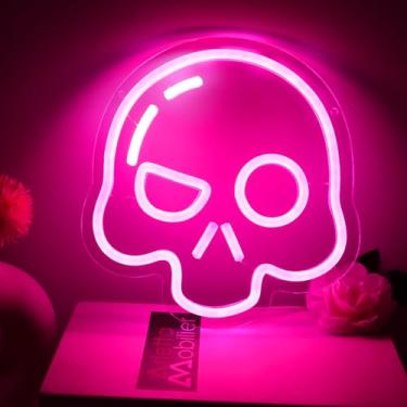 Imagem de KODGGHK Sinais néon de caveira rosa para decoração de parede, letreiros de néon de LED reguláveis, decoração de parede com cabeça de esqueleto, placa de LED para quarto, homem, caverna, cerveja, bar