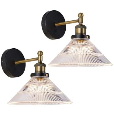 Imagem de Arandelas de parede vintage conjunto de 2 luminárias internas de vidro com nervuras de 110 V para banheiro, vaidade de cozinha, corredor, escada, acabamento em bronze escovado antiferrugem, base E26
