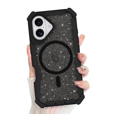 Imagem de Bonoma Capa de celular 2025, traseira brilhante com glitter, suporte magnético para capa à prova de choque MagSafe, proteção de alta qualidade de cristal e canto para meninas e mulheres - preta