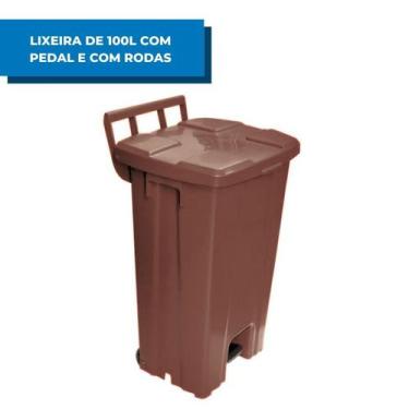 Imagem de Lixeira 100 Litros Quadrada Marrom Plástico Com Rodas Pedal - JSN