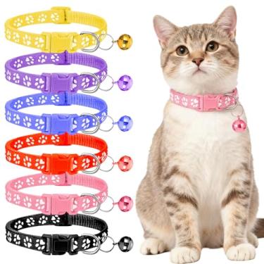 Imagem de 6 coleiras de gatinho com sino, colares coloridos ajustáveis de parto, coleira fofa com estampa de pata, ajustável de 21 a 35,5 cm para gatos pequenos e cães