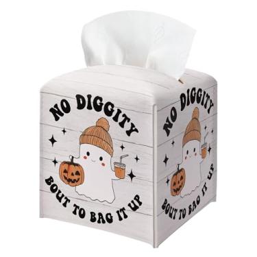 Imagem de Suporte para caixa de lenços de Halloween, No Diggity Bout to Bag It Up Cute Ghost Leather Tissue Box Cover Square, organizador de papel facial, suporte de papel higiênico para banheiro, cozinha