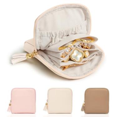 Imagem de WOOMADA Estojo organizador de joias de viagem de veludo – Bolsa compacta de armazenamento de joias com zíper para anéis, pulseiras, brincos – Presente de viagem perfeito para mulheres (bege)